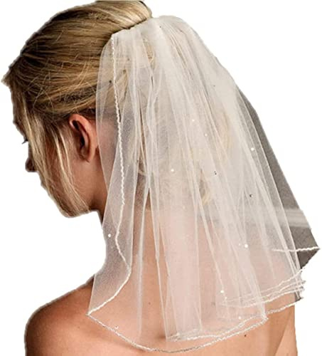SINLOV Perlen Brautschleier 1-Tier Brautschleier Damen Tüll Schleier Schulterlänge Kurzer Schleier mit Kamm Haarschmuck für Bräute（Weiß）