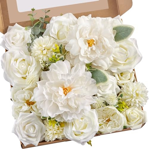 Serwalin Künstliche Blumen Brautsträuße Realistische Fake Seidenschaum Blumen Hochzeit Weiße Pfingstrosen Rosen DIY Mittelstücke Corsage Boutonniere Home Dekoration Party Arrangement Baby Shower