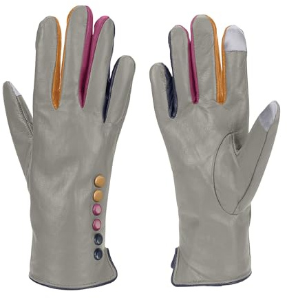 Vera Tucci Damenhandschuhe - Luxuriöse Lederhandschuhe mit Fleecefutter, Fingerlose Handschuhe Fäustlinge, hellgrau, S-M