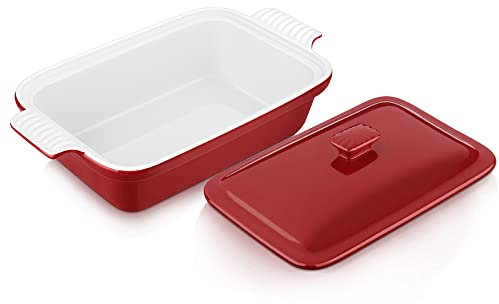 vancasso Blossom Casserole Dish With Lid, 12x7 Lasagna Pan Deep with Lid, 1.9 Quart baking dish with lid Ceramic Casserole Dish Set, Oven, Microwave Safe, Red