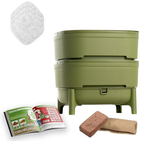 WORMcube Verde Design & Compact I Vermicompostaggio 2 vassoi I Kit Completo I Filtro per annegamento dei vermi
