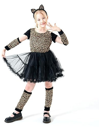 Willheoy Mädchen Leopard Kostüme Halloween Tierkostüme für Fasching Karneval Fasching Tütü Rock Prinzessin Kleid Mit Ohren Haarreif SIZE L (120-130cm)