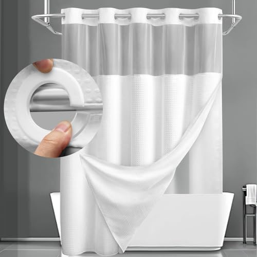 YellyHommy No Hook Shower Curtain with Snap in Fabric Liner Set Less Time White Waffle Shower Curtain for Bathroom 75 L x 72 W