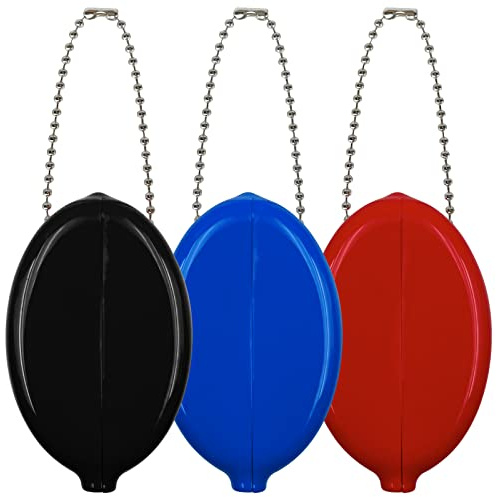 DEEZOMO 3 Pieces Rubber Coin Purse, 2 x 3 Inches Oval Squeeze Coin Holders With Chain for Women Men Travel (Max Black/Blue/Red 3 Pack)