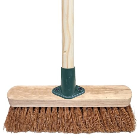 10” Soft Broom Natural Coco Bristles Cleaning Brush with Wooden Handle Durable Support Bracket Sweeping Brush Indoor for Cleaning Wooden Floor, Patios, Garage, Decking & Paving Slabs (Pack of 1)