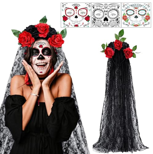 IWTBNOA Tag der Toten Haarreif Halloween, Halloween Schleier Haarband mit 3 PCS Gesicht Tattoos, Mexikanische Rose Stirnband, Tag der Toten Kopfschmuck, Day of The Dead Haarreif für Damen Halloween