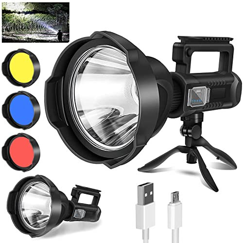 Sogidon Rechargeable Spotlight, 3,000,000 Lumen LED Spot Lights Handheld Large Flashlight High Lumens Super Bright Searchlight with 4 Modes, 3 Colored Lenses, USB C, IPX5 Waterproof, Tripod