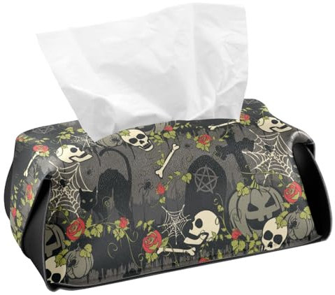 Fustylead Taschentuchbox mit schwarzer Katze und Kürbis auf Friedhof, PU-Leder, rechteckig, für Badezimmer, Auto, Schlafzimmer, Büro