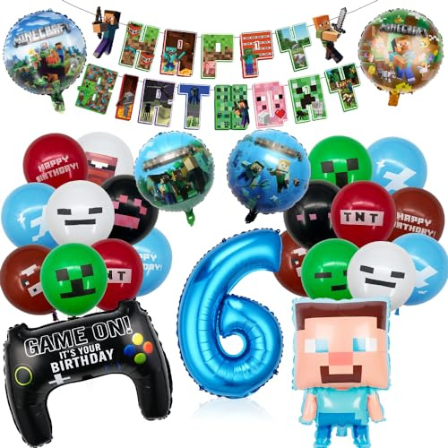 Pixel Luftballon Geburtstagsdeko 6 Jahre - 26 Stück Miner Gamer Kindergeburtstag Mitgebsel Jungen - Geburtstag Deko Party Gamer