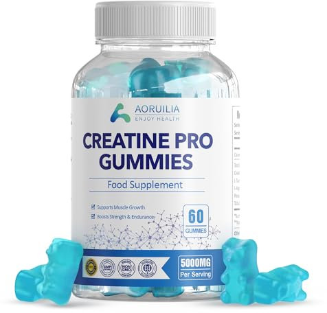 Aoruilia Creatine Gummies for Men & Women 5000mg 60 Chewable Creatine Monohydrate Gummies for Muscle Strength & Growth Sugar Free Pre-Workout Supplementm Vegans Gym (Blueberry Flavour)
