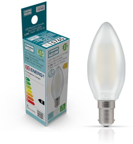 Crompton Lamps Filament Candle LED Light Bulb SBC-B15d | 2.2W = 25W Equivalent | Warm White 2700K | Energy Efficient | Small Bayonet Lightbulb | Long Life 15000-Hrs | Pearl Glass