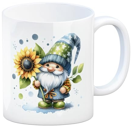 Gartenzwerg mit Sonnenblume Kaffeebecher Zwerg mit Sonnenblume - Gartenfigur Dekorative Zierpflanze Skulptur Blume Tasse im Gartenzwergdesign