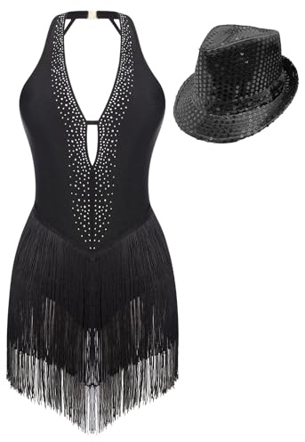 LiiYii Femme Robe Danse Latine Frangé Body Danse Salsa Rumba Tango Jazz Combinaison avec Chapeau à Paillettes Ensemble Spectacle Noir L