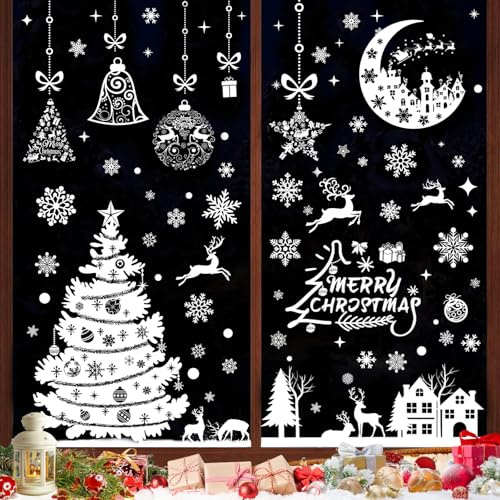 Fensterbilder Weihnachten Selbstklebend, Fensterdeko Weihnachten, Fenstersticker Weihnachten, Weihnachts Fensterbilder mit Wiederverwendbare Schneeflocken Fensteraufkleber Häuser für Winter, Sticker