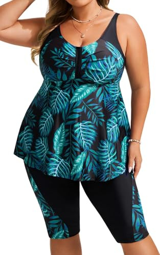 Hanna Nikole Femme Grande Taille Contrôle du Ventre Loisirs Tankini Push Up Vêtements pour Femmes Potelées Feuilles Tropicales Vertes 54