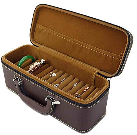 Braune Schmuckschatulle für Frauen – Samt-Schmucktruhe für Ringe, Halsketten, Ohrringe – tragbarer Schmuck-Organizer aus Leder – Schmuckkästchen