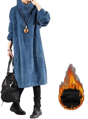 Abito lungo da donna in finto pile spesso a maniche lunghe, collo alto - Casual alla moda, oversize, tinta unita, caldo, in velluto a coste, jumper tunica midi abito invernale, Blu, XXL