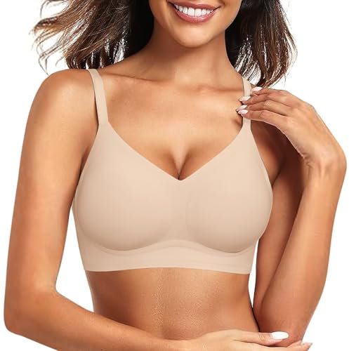 Lonya Bras for Women Non Wired Seamless Comfort Support Full Coverage Push up V Neck Soft Padded Wireless Bralette T Shirt Zero Feel Sleep Everyday Bra, Skin, M