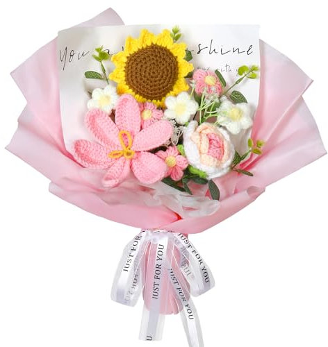 ASTNIC Crochet Flowers Bouquet, Handmade Knitted Flower Bouquet Tulip Sunflower Rose Mother's Day Anniversary Birthday Valentines Knitting Gifts for Mother Women Friends (Pink)
