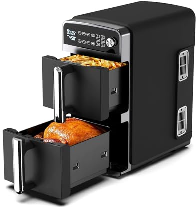 12QT Dual Layer Air Fryer Oven, 6QT×2 Capacity, Vertical 2-Basket Design, 7-in-1 Function with Broil, Roast, Bake, Reheat, Dehydrate, and Air Fry, Family Size, BPA-Free