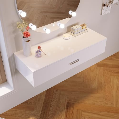 SONNI Hängend Schminktisch mit Unterteilungen Schublade 100x36.5x20cm Weiß | Frisierkommode, Hängekommode, Nachttisch, Frisiertisch, Kosmetiktisch, Computertisch, Bürotisch, Tisch für Schlafzimmer