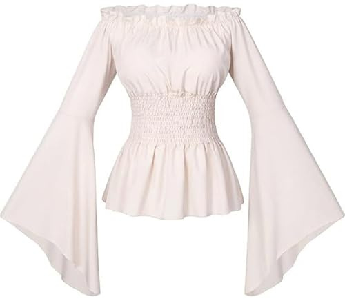 YOSUWOAI - Blusa bohemia para mujer, estilo Renacimiento victoriano, con volantes, cintura con volantes, manga larga, estilo pirata, con los hombros descubiertos, manga de trompeta, gótico, lolita
