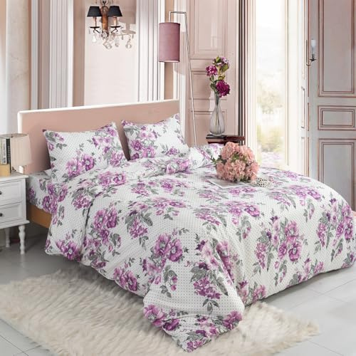 SAIMAZ 4 Piece Printed Bedding Set Duvet Cover, Deep Fitted Sheet & 2 Pillowcases Single, Double, King, Super King Sizes Soft Microfiber, Wrinkle-Resistant, Easy Care (Double, Delight Lilac)