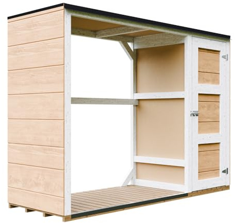 Legnaia da esterno - 75 x 217 x H159 cm - Legnaia moderna con deposito laterale per attrezzi 1,09 m² + 0.53 m² - Casetta per attrezzi e legna - TIMBELA M981 - HARVEST HONEY