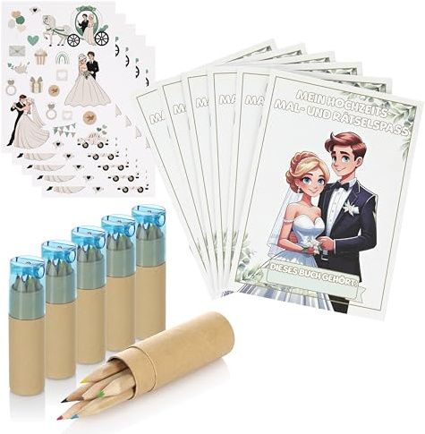 Nordstern Hochzeitsmalbuch 6er Pack inkl. Buntstifte und Sticker - Ausmalbuch und Rätselbuch zur Kinderbeschäftigung - Gastgeschenk für Kinder