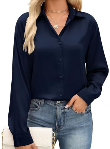 CMTOP Bluse Damen Satin Bluse V-Ausschnitt Hemden Langarmshirt Elegant Button Down Business Oberteile Longbluse Satinblusen Lässig Knöpfen Locker Tuniken