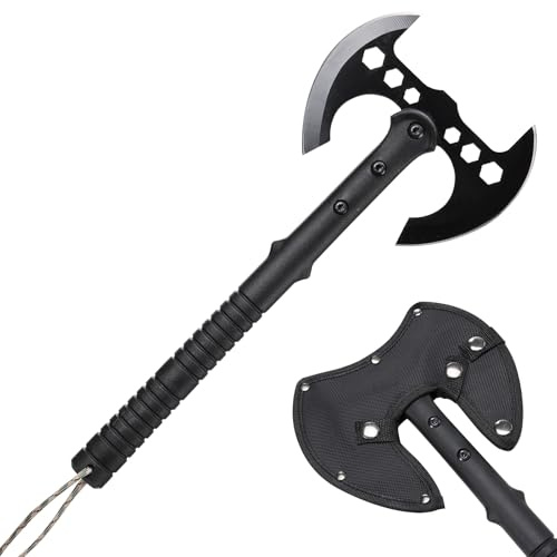 JAOTREL Viking Hatchet Axe - 16 Forged Carbon Steel Camping Axe with Leather Sheath, Double-Head Design for Outdoor Survival, Wood Splitting & Garden Tools