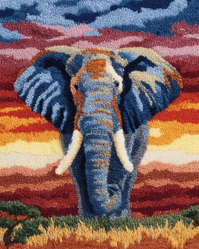 AxiangziK Tier Diy Knüpfen Set Teppich Cartoon-Elefant Knüpfteppich-Set，Handgefertigte Teppich-Sets Mit Vordruck，Diy 3D-Bastelgeschenk 52x38cm