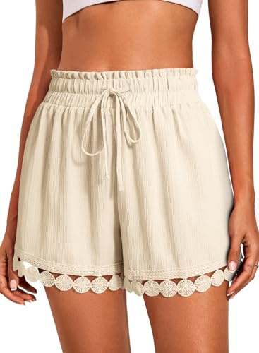 Dokotoo Shorts for Women Trendy Summer 2026 Elastic High Waist Lace Wide Leg Beige Short Loose Casual Comfy Beach Drawstring Shorts Medium