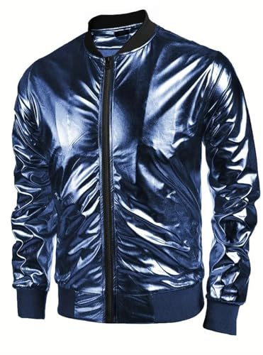 Men's Metallic Nightclub Jacket Slim Fit Zip Up Varsity Baseball Bomber Shiny Party Dance Disco Jackets Blue