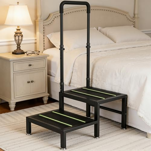 2 Step Stool with Handle, Heavy Duty Step Stool for Elderly and Adults, Adjustable Handrail with Non-Slip Platform, Bedside Steps for High Beds, Kitchen and Bathroom
