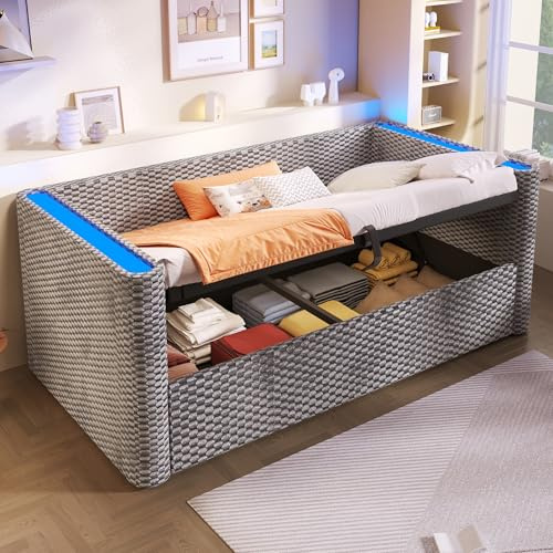 Dolamaní Polsterbett Tagesbett 90x200 cm mit LED-Beleuchtung und hydraulischem Stauraumbett Samt mit Lattenrost, Modernes Design, Schlafsofa- Daybett-Gästebett-Kinderbett, ohne Matratze (Grau A)
