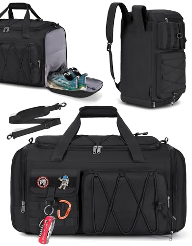 RAINSMORE Bolsa Deporte Hombre Mujer 45L, Bolsa Gimnasio 3 en 1 con Compartimento para Zapatos y Bolsillo Húmedo Bolsa de Deporte para Gym y Viaje Negro