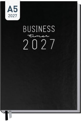 Häfft® Business-Timer Kalender 2027 A5 Wochenplaner Schwarz | 1 Woche 2 Seiten, Buchkalender Terminplaner im Stunden- & Halb-Stunden-Takt mit Silberprägung und Kunstleder-Hardcover
