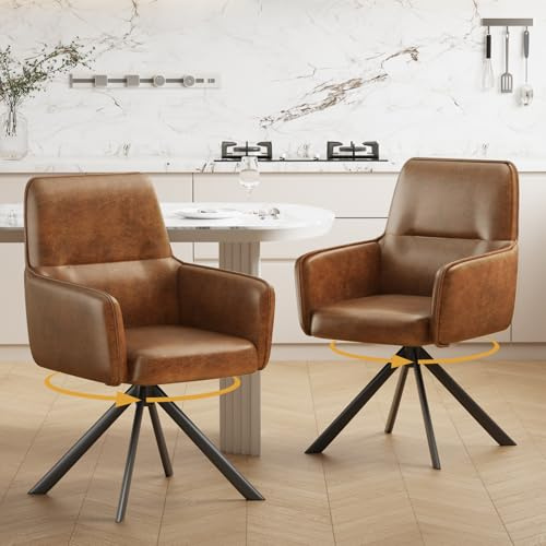 Ckaff Esszimmerstühle Drehbar mit Armlehne 2er Set, 360°Drehbar Polsterstuhl Küchenstuhl aus PU-Leder, Stühle Esszimmer Schminkstuhl mit Metallbeine für Esszimmer Küche Schlafzimmer, Braun