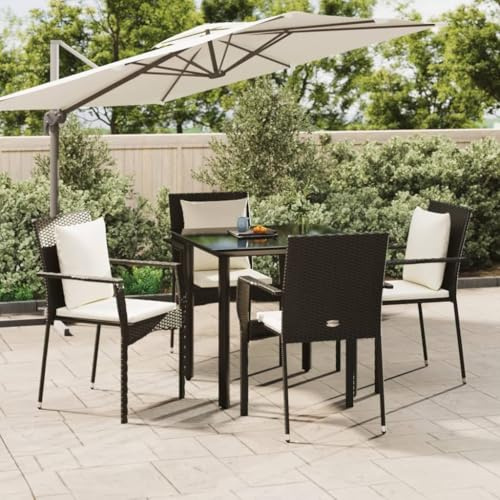 PTUGUOF 5-TLG. Garten-Essgruppe mit Glastisch, schwarz Poly Rattan, inklusive Kissen, pulverbeschichteter Stahlrahmen, modulares Design für Flexible Aufstellung, Hartglasplatte, bis 110