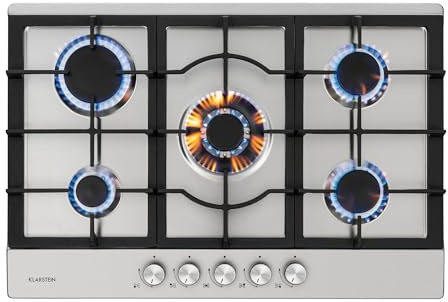 Klarstein Plaque de cuisson gaz encastrée, table de cuisson gaz, brûleur, gaz naturel/gaz propane, soupapes sécurité, arrêt automatique, porte-casseroles en fonte, 5 brûleurs (Argent)