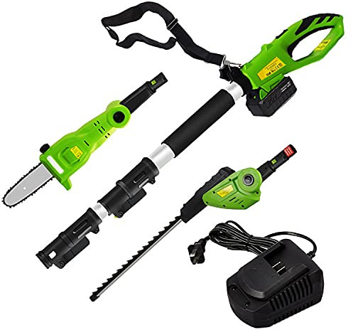 CHENGNAN Podadora Telescópica Eléctrica Kit Altura Sierras de Pértiga inalámbrica Cortasetos para Exterior 2 en 1, Incluye Cargador Batería
