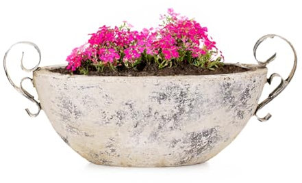 Moderne Vintage Pflanzschale für draußen - Ovale 28,5 cm Schiff Deko-Schale in Shabby Antik beige - Keramik Jardiniere als Blumen-Topf Pflanztopf für Garten, Balkon oder Friedhof Grab-Schmuck