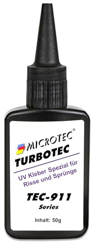 Microtec® Turbotec 911 dünnflüssiger UV-Kleber | Ausbesserung von Rissen und Sprüngen | für Glas/Metall/Kunststoff | 50g | ohne UV-Taschenlampe | lichthärtender und transparenter Klebstoff