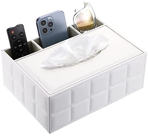 BTSKY Rechteckige Taschentuchbox aus PU-Leder mit Fernbedienung – Schreibtisch-Tücherhalter, Organizer, Aufbewahrungsbox, Halter, Fernbedienungsbehälter, Weiß