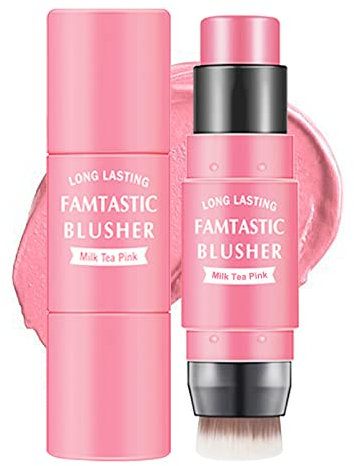 Erinde 3 in 1 Creamy Blush Stick mit Pinsel - Für Wangen, Lippen und Lidschatten - Feuchtigkeitsspendende Formel zum Einfachen Auftragen (01#Milk Tea Pink)