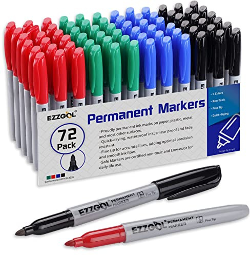 Ezzgol Permanent Markers Bulk, Permanent Marker Bulk Pack of 72, 4 Assorted Colors, Fine Point Permanent Markers For Adult Coloring as Office, School Supplies