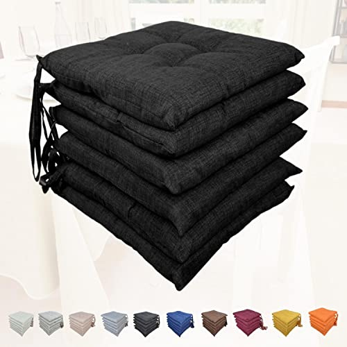 Intimitaly Lot de 6 coussins de chaise avec lacets 4 points confortables fabriqués en Italie en coton rembourré et épais 6 cm (Noir)