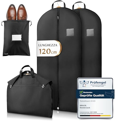 Bruce.® 2x Kleidersack Kurz 120x60 cm inkl. 1x Schuhbeutel – Hochwertige Kleiderhülle für Anzug, Blazer, Kostüm & Kleid – 120 GSM Materialstärke – Anzugtasche für Reisen & Aufbewahrung