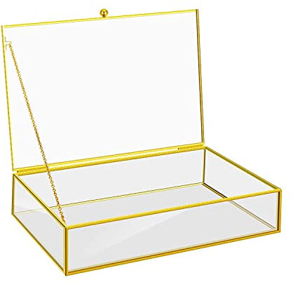 DRERIO Glass Jewelry Box - Large Decorative Display Case for Trinkets, Earrings, Rings, Necklaces, Bracelets - Clear Rectangular Golden Organizer